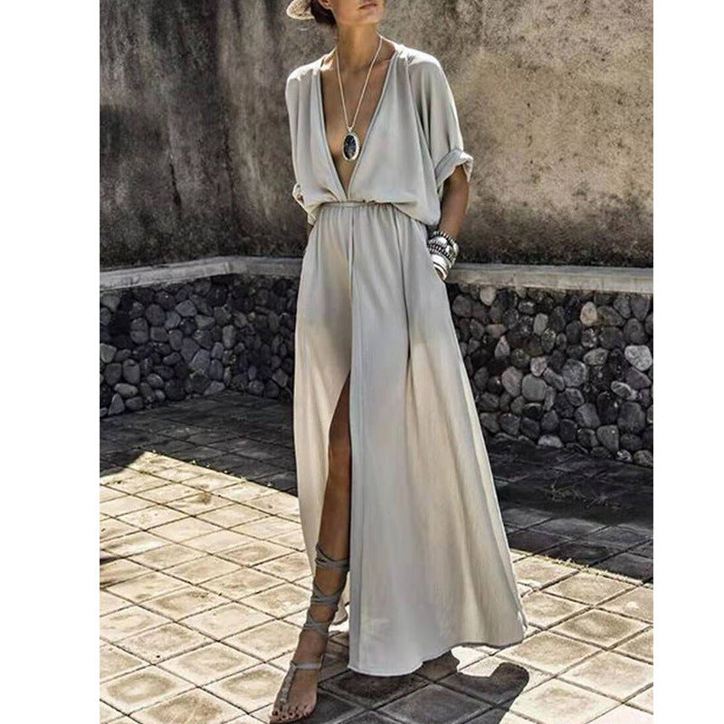 Women’s Maxi Dress – Deep V-Neck – Front Slit – Relaxed Fit – Lightweight Fabric
