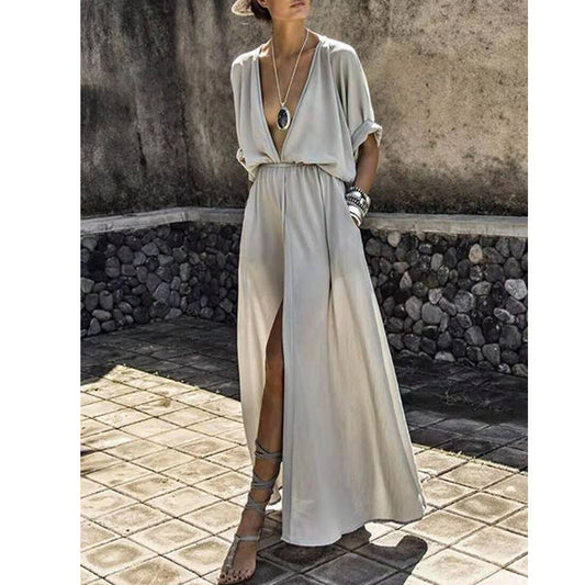 Women’s Maxi Dress – Deep V-Neck – Front Slit – Relaxed Fit – Lightweight Fabric