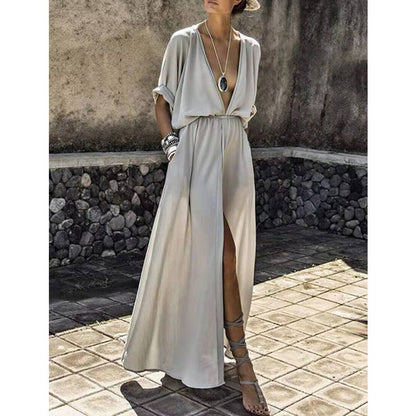 Women’s Maxi Dress – Deep V-Neck – Front Slit – Relaxed Fit – Lightweight Fabric