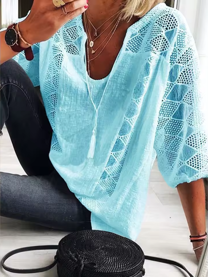 Women’s Blouse – Loose Fit – V-Neck – 3/4 Sleeve – Lace Trim – Breathable Fabric