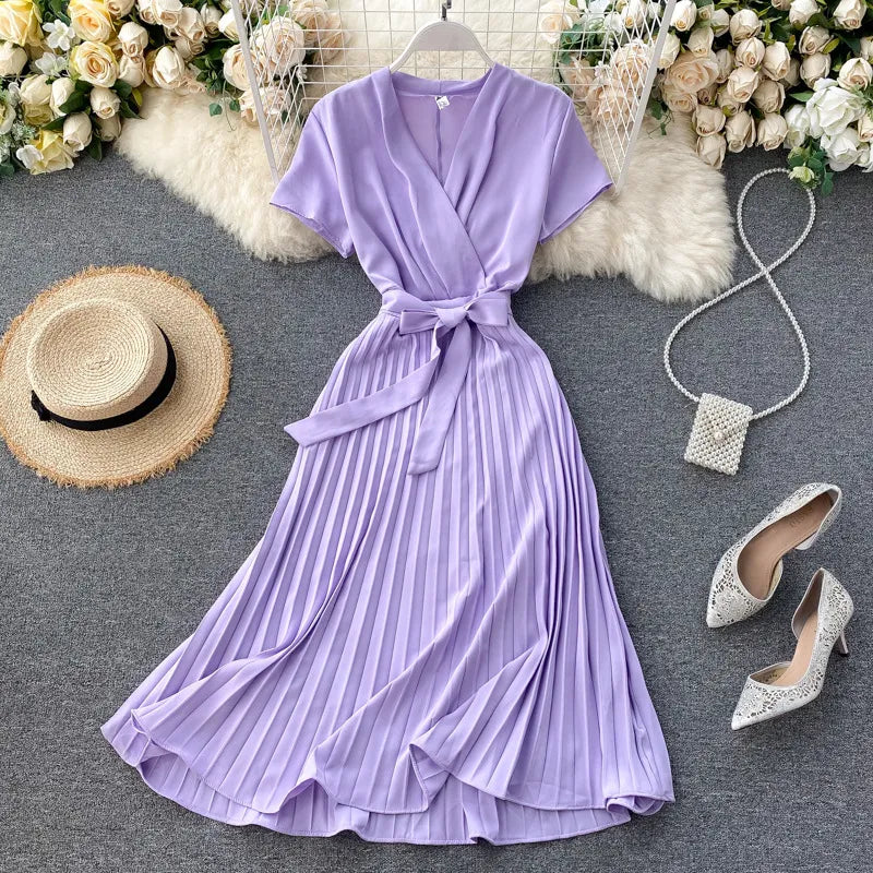 Women's Wrap Dress - Short Sleeve - Pleated Midi Length - Adjustable Belted Waist