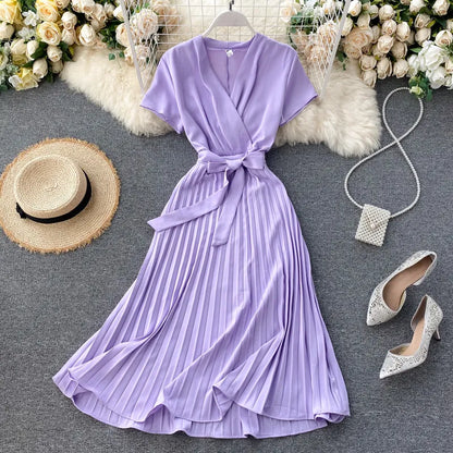 Women's Wrap Dress - Short Sleeve - Pleated Midi Length - Adjustable Belted Waist