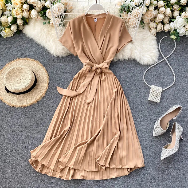 Women's Wrap Dress - Short Sleeve - Pleated Midi Length - Adjustable Belted Waist