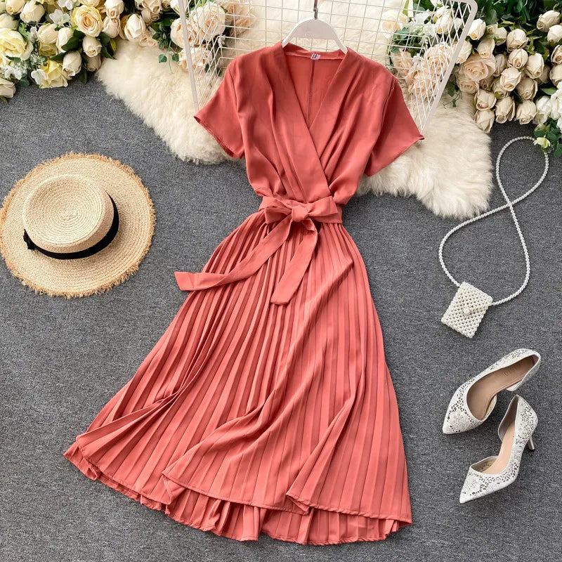 Women's Wrap Dress - Short Sleeve - Pleated Midi Length - Adjustable Belted Waist