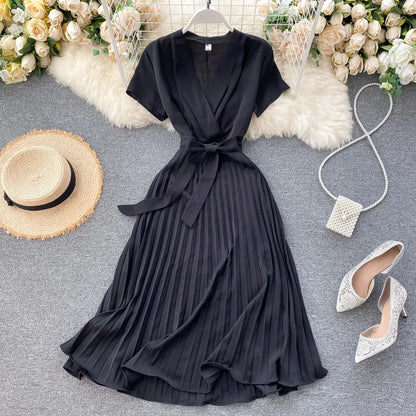 Women's Wrap Dress - Short Sleeve - Pleated Midi Length - Adjustable Belted Waist