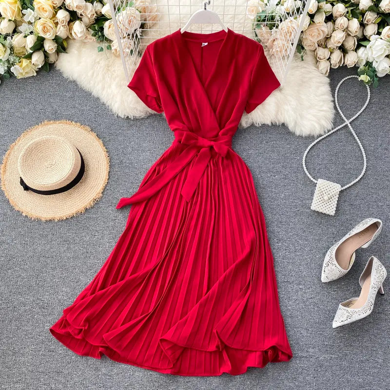 Women's Wrap Dress - Short Sleeve - Pleated Midi Length - Adjustable Belted Waist