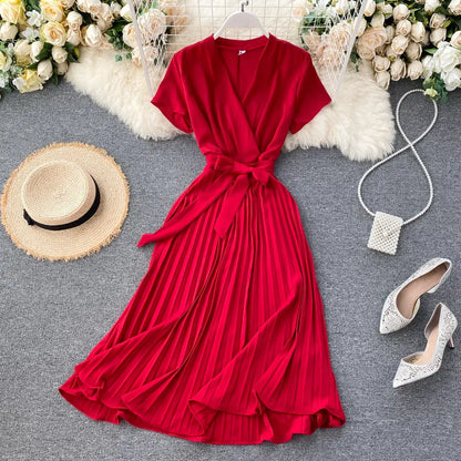Women's Wrap Dress - Short Sleeve - Pleated Midi Length - Adjustable Belted Waist