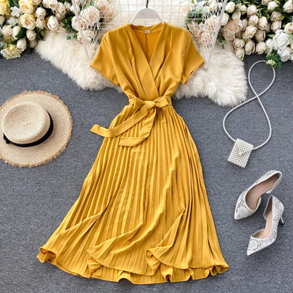 Women's Wrap Dress - Short Sleeve - Pleated Midi Length - Adjustable Belted Waist