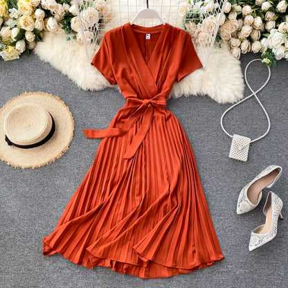 Women's Wrap Dress - Short Sleeve - Pleated Midi Length - Adjustable Belted Waist