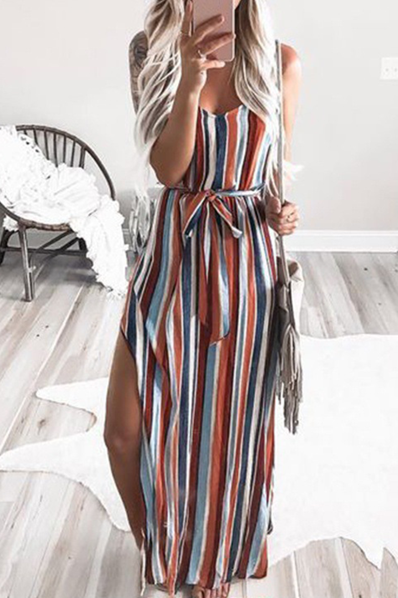 Women's Maxi Dress - Striped Flowy Design - Scoop Neck - Sleeveless with Waist Tie