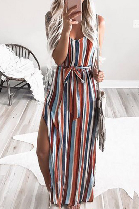 Women's Maxi Dress - Striped Flowy Design - Scoop Neck - Sleeveless with Waist Tie