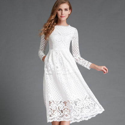 Women’s Midi Dress – Lace Floral Detailing – A-Line Fit – Long Sleeve Formal Wear
