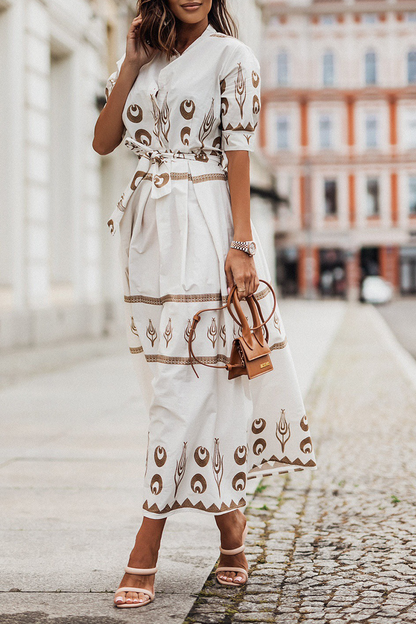 Women's Midi Dress - High Collar - Waist Belt - Long Sleeve Elegant Flowing Fit