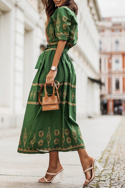 Women's Midi Dress - High Collar - Waist Belt - Long Sleeve Elegant Flowing Fit