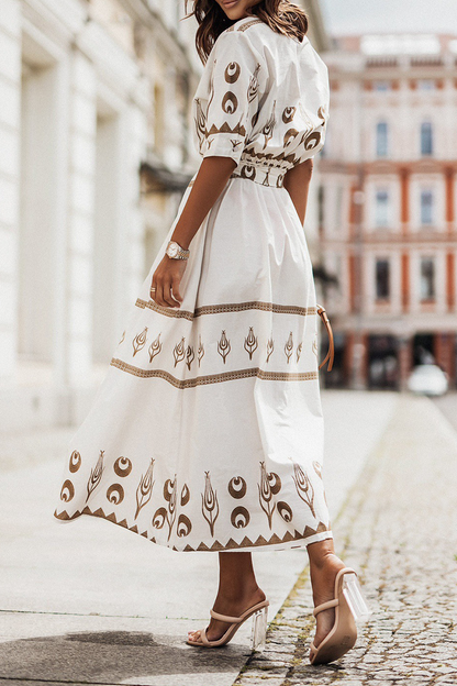 Women's Midi Dress - High Collar - Waist Belt - Long Sleeve Elegant Flowing Fit
