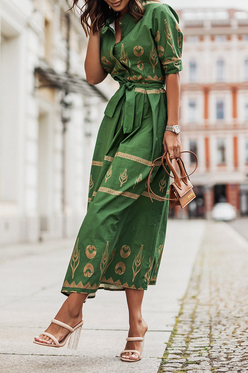 Women's Midi Dress - High Collar - Waist Belt - Long Sleeve Elegant Flowing Fit
