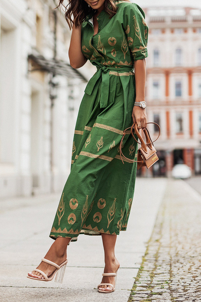 Women's Midi Dress - High Collar - Waist Belt - Long Sleeve Elegant Flowing Fit