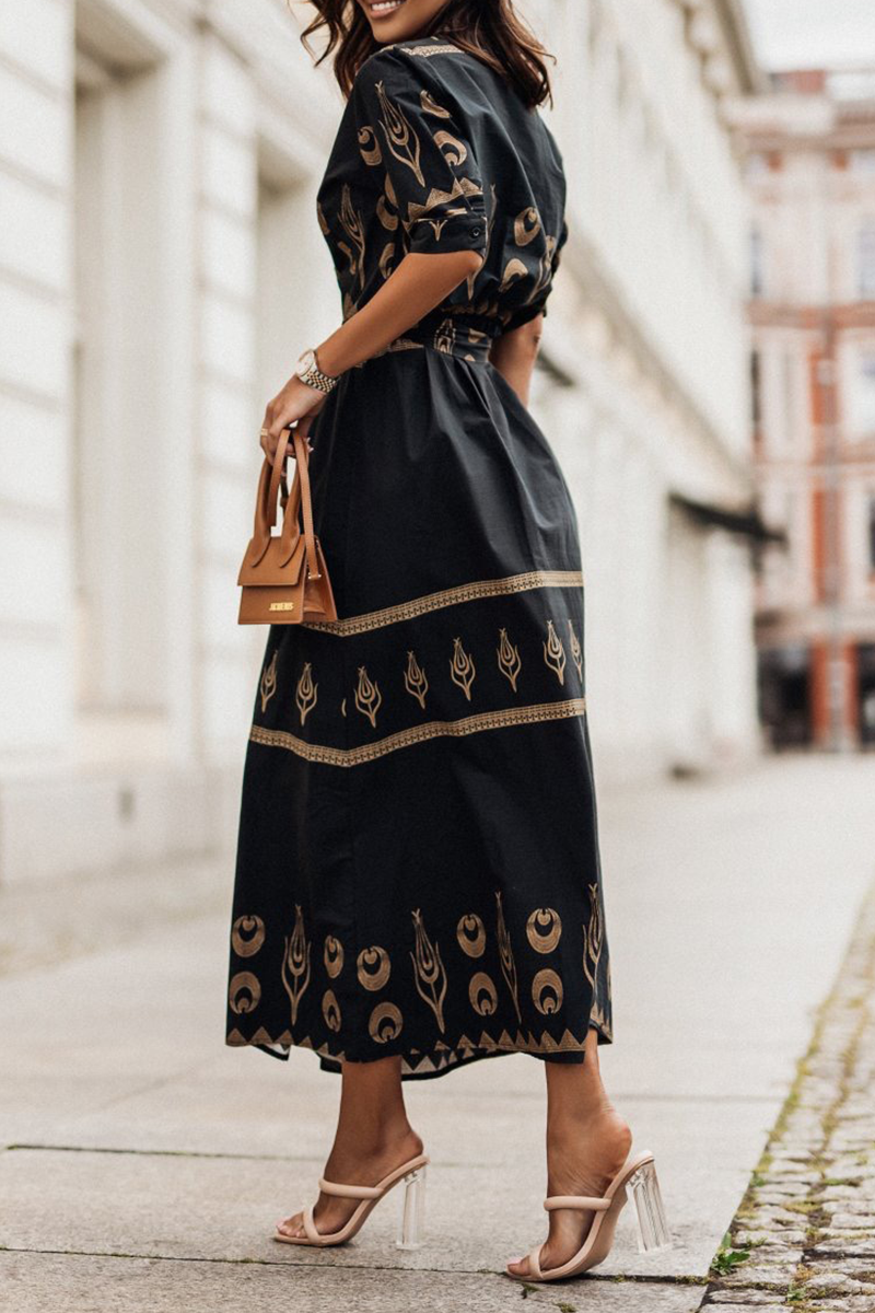Women's Midi Dress - High Collar - Waist Belt - Long Sleeve Elegant Flowing Fit
