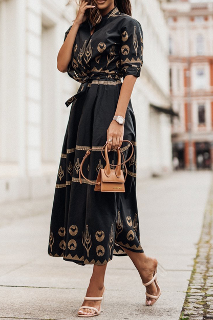 Women's Midi Dress - High Collar - Waist Belt - Long Sleeve Elegant Flowing Fit