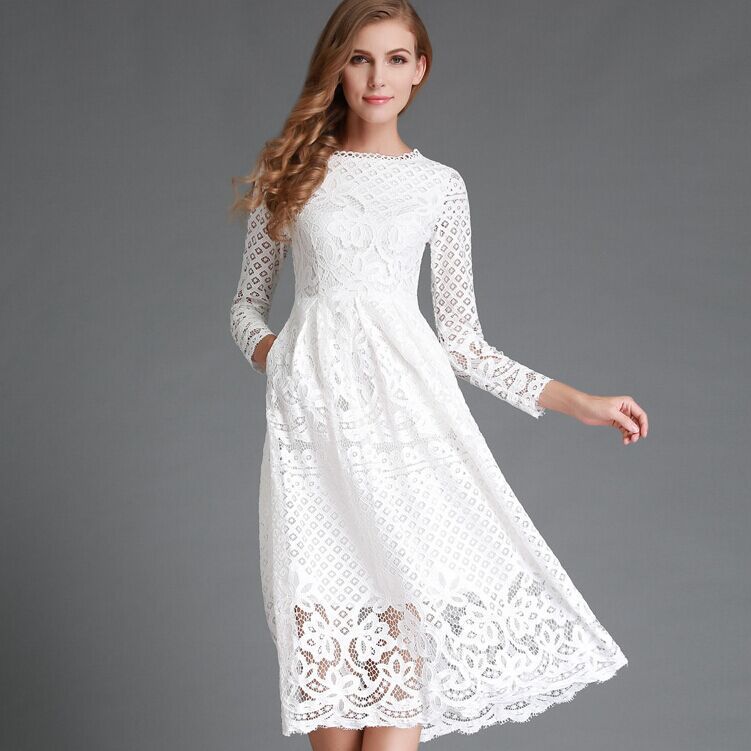 Women’s Midi Dress – Lace Floral Detailing – A-Line Fit – Long Sleeve Formal Wear