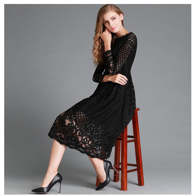 Women’s Midi Dress – Lace Floral Detailing – A-Line Fit – Long Sleeve Formal Wear