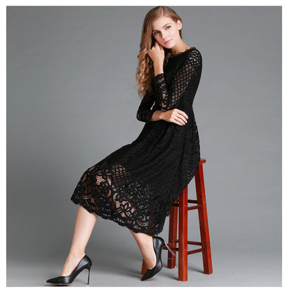 Women’s Midi Dress – Lace Floral Detailing – A-Line Fit – Long Sleeve Formal Wear