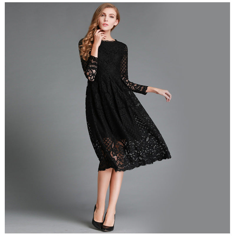 Women’s Midi Dress – Lace Floral Detailing – A-Line Fit – Long Sleeve Formal Wear