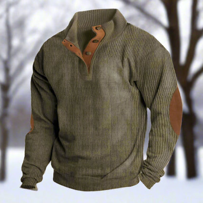Men’s Knitted Sweater – Wool Blend – Relaxed Fit – High Collar – Ribbed Texture – Elbow Patches