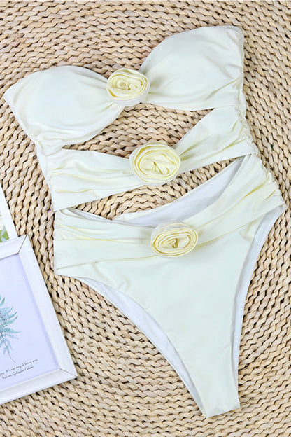 Women’s Bandeau Swimsuit – High Cut – Side Cut-Out – Floral Appliqué – Body-Hugging Fit