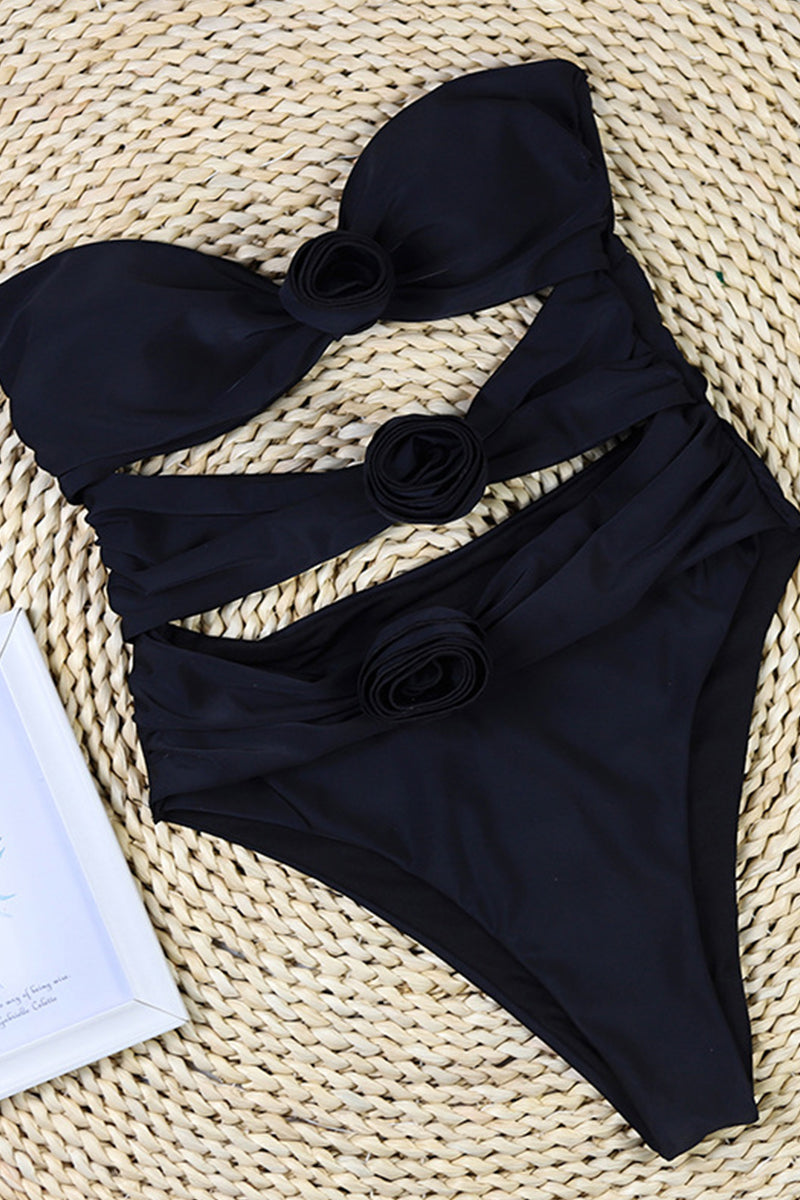 Women’s Bandeau Swimsuit – High Cut – Side Cut-Out – Floral Appliqué – Body-Hugging Fit