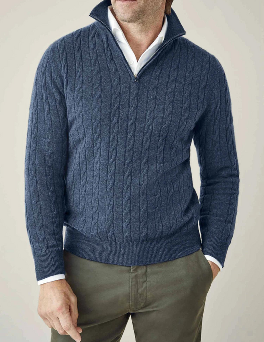 Men’s Cable Knit Sweater – Wool Blend – Half Zip – Stand Collar – Smart Casual Fit