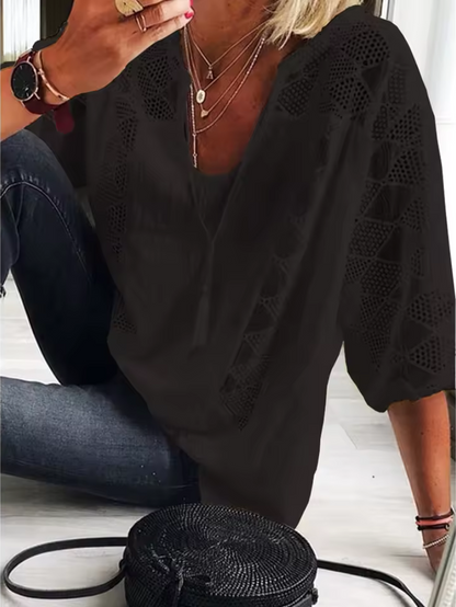 Women’s Blouse – Loose Fit – V-Neck – 3/4 Sleeve – Lace Trim – Breathable Fabric
