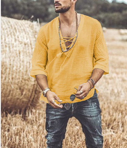 Men’s Casual Shirt – Lace-Up V-Neck – 3/4 Sleeve – Relaxed Fit – Lightweight Breathable