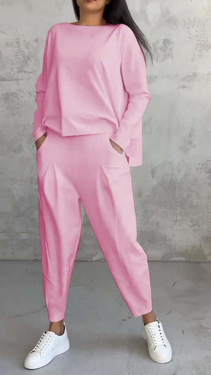 Women’s Two-Piece Set – Relaxed Fit – Long Sleeve Top – Tapered Harem Pants – Breathable Cotton