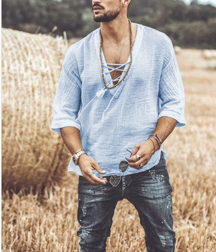 Men’s Casual Shirt – Lace-Up V-Neck – 3/4 Sleeve – Relaxed Fit – Lightweight Breathable
