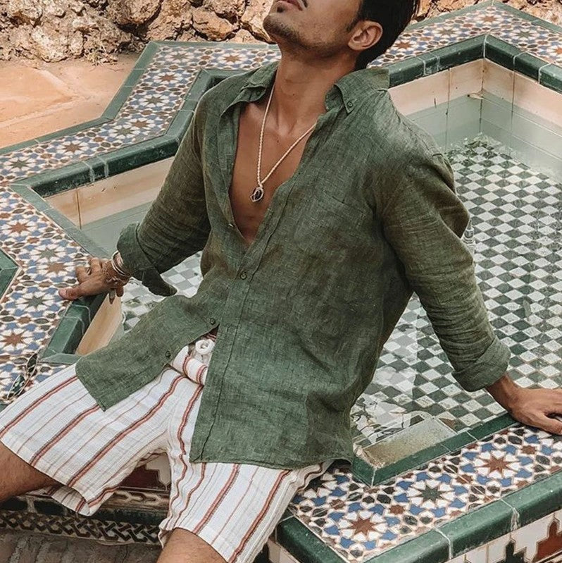 Men’s Button-Up Shirt – Cotton Linen Blend – Relaxed Fit – Long Sleeve Casual Wear