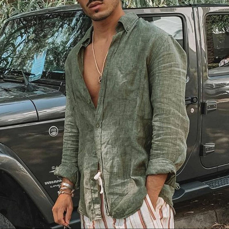 Men’s Button-Up Shirt – Cotton Linen Blend – Relaxed Fit – Long Sleeve Casual Wear