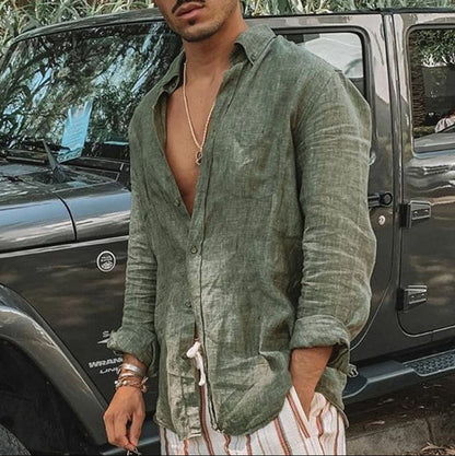 Men’s Button-Up Shirt – Cotton Linen Blend – Relaxed Fit – Long Sleeve Casual Wear