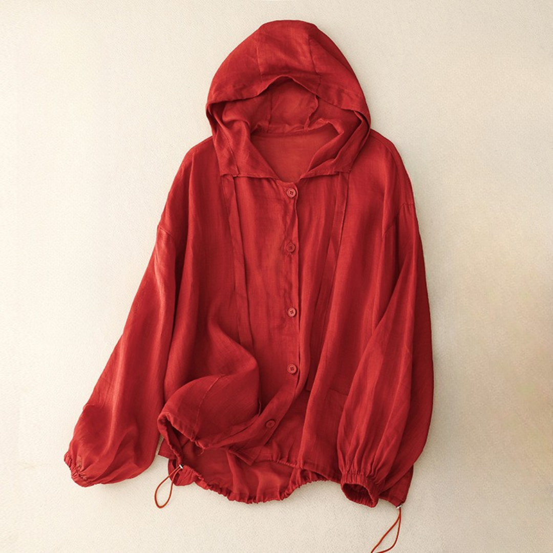 Women’s Hip-Length Relaxed Fit Hooded Blouse - Linen - Button Front - Drawstring Hem