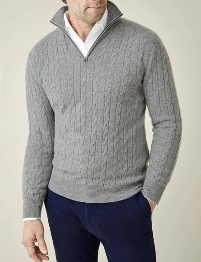 Men’s Cable Knit Sweater – Wool Blend – Half Zip – Stand Collar – Smart Casual Fit