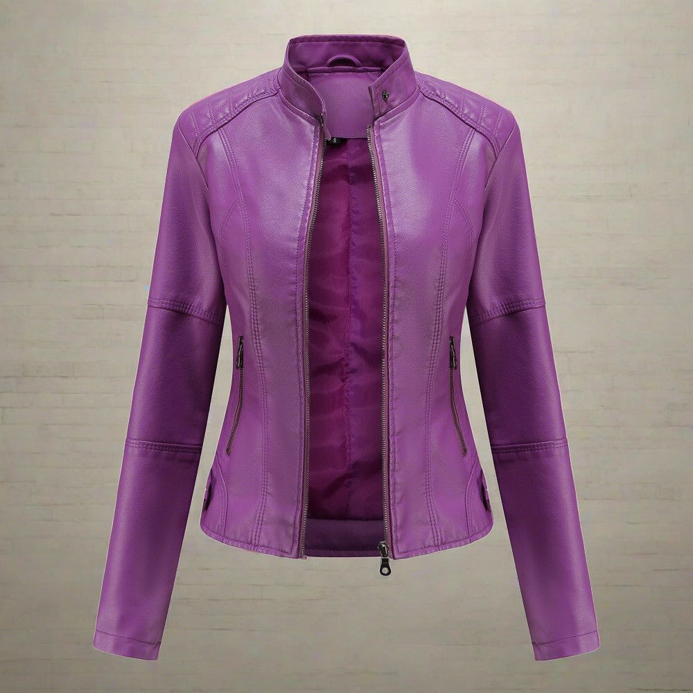 Women’s Biker Jacket – Slim Fit – Band Collar – Zippered Pockets – Hip Length