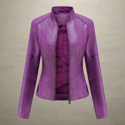 Women’s Biker Jacket – Slim Fit – Band Collar – Zippered Pockets – Hip Length