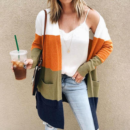 Women’s Knitted Cardigan – Relaxed Fit – Open Front – Long Sleeve – Wool Blend – Pockets