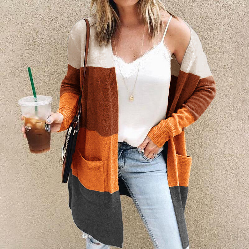 Women’s Knitted Cardigan – Relaxed Fit – Open Front – Long Sleeve – Wool Blend – Pockets