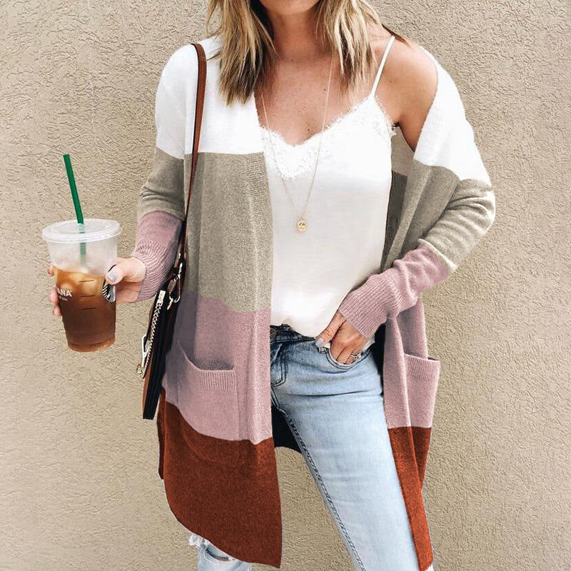 Women’s Knitted Cardigan – Relaxed Fit – Open Front – Long Sleeve – Wool Blend – Pockets