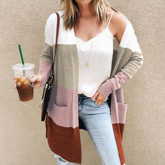 Women’s Knitted Cardigan – Relaxed Fit – Open Front – Long Sleeve – Wool Blend – Pockets