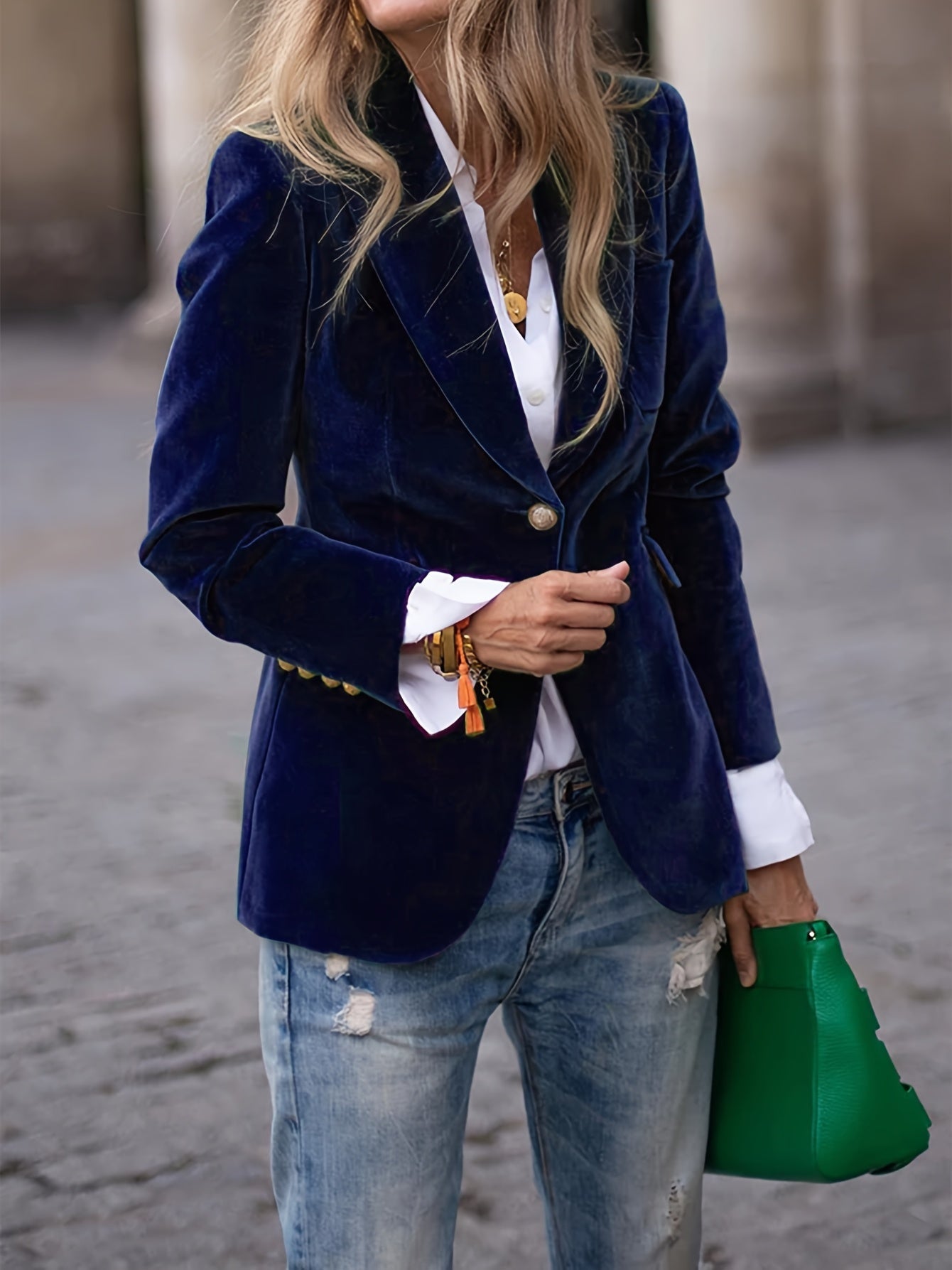 Women’s Blazer – Velvet Tailored Fit – Gold Button Accents – Classic Silhouette