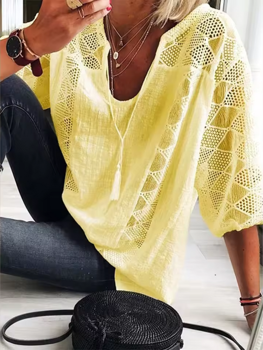 Women’s Blouse – Loose Fit – V-Neck – 3/4 Sleeve – Lace Trim – Breathable Fabric