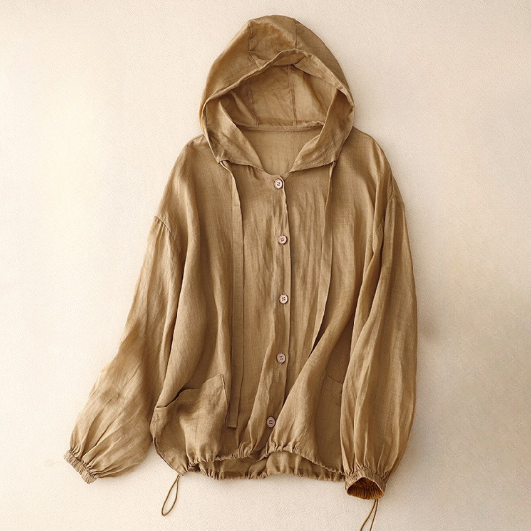 Women’s Hip-Length Relaxed Fit Hooded Blouse - Linen - Button Front - Drawstring Hem