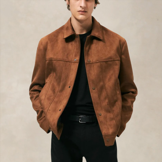 Men’s Suede Jacket – Regular Fit – Button-Up Front – Tailored Minimalist Design